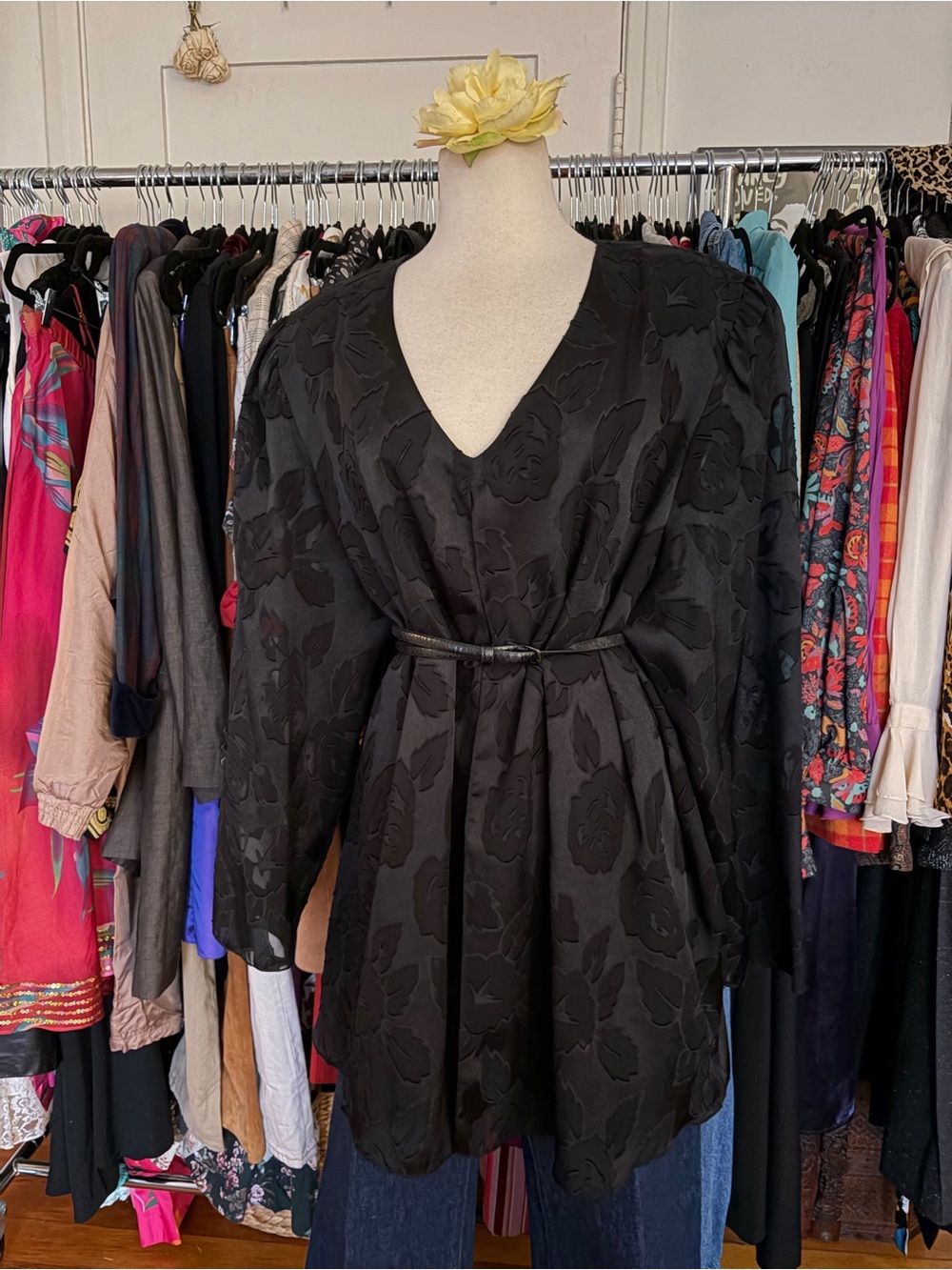 Vintage 90s Patra Stenay Black Tonal Rose Jacquard Blouse